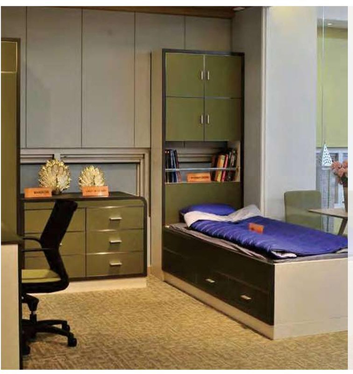 Outfitted marine accommodation cabin with custom joinery and furniture