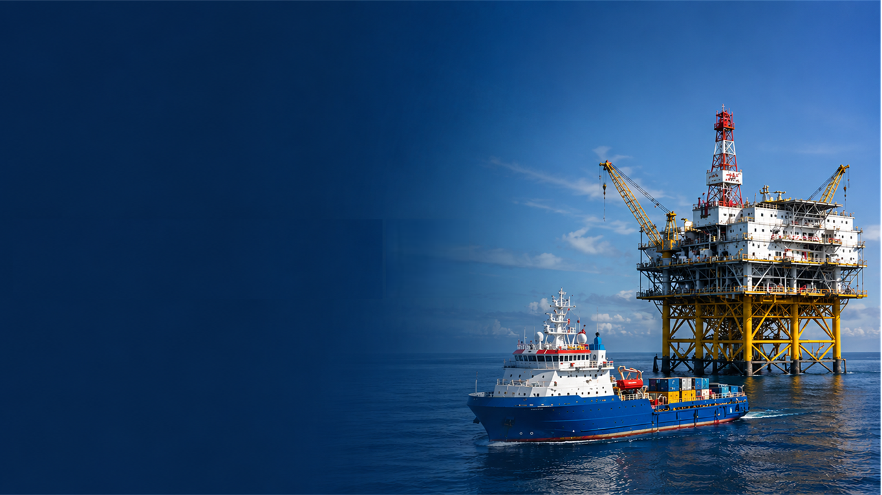 Offshore rig and supply vessel at sea
