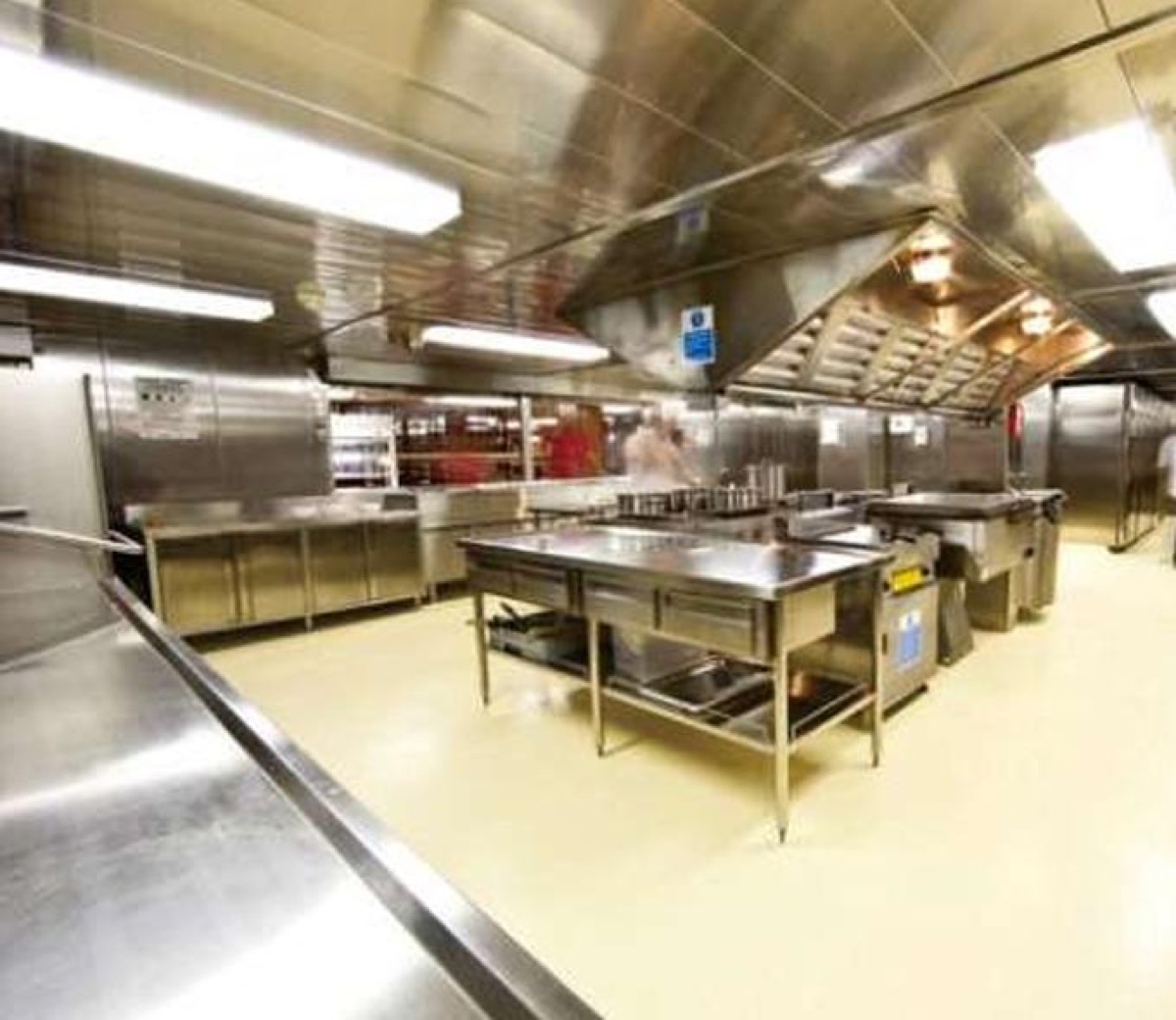 Stainless steel marine galley with fire-suppression hoods