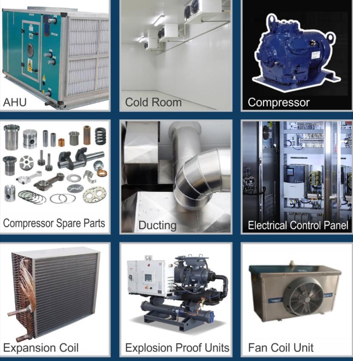 HVAC components — AHU, cold room, compressor, ducting, control panel and expansion coil